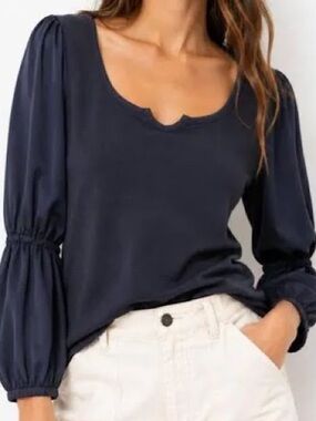 Anthropologie Navy Scoop-Neck Puff Sleeve Top